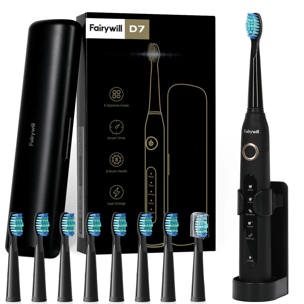 Fairywill Electric Toothbrush for Adults,Whitening Sonic Toothbrush,8pcs "W" Dupont Brush Heads,Equipped with Box and Handle,Convenient Storage and Travel,Black